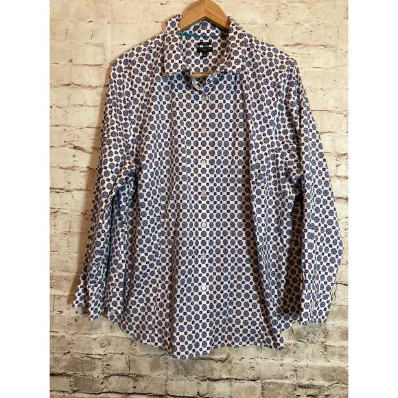 Talbots Top Womens 22W Blue & Purple Medallion Print Non Iron Button Up Plus - Picture 1 of 13